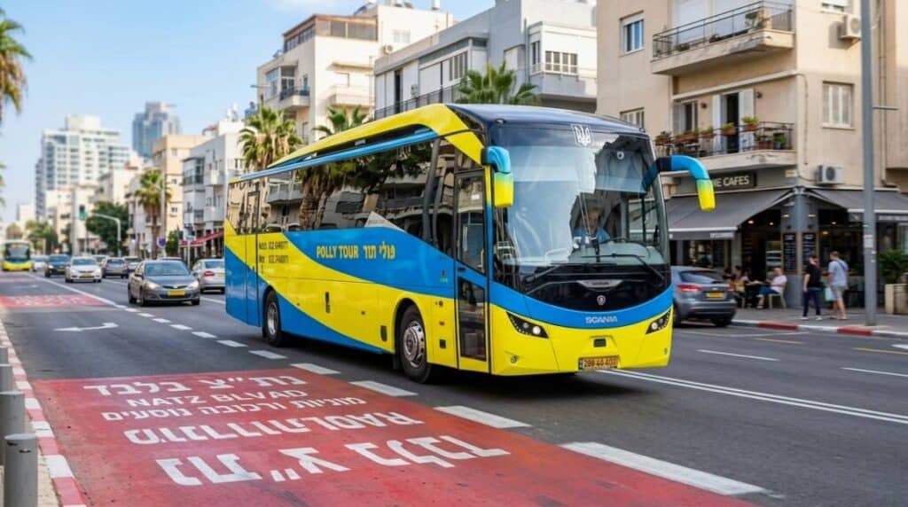אוטובוס תיירים בצבעי צהוב-כחול של חברת "פולי תור" (POLLY TOUR) נוסע בנתיב תחבורה ציבורית בתל אביב באור יום